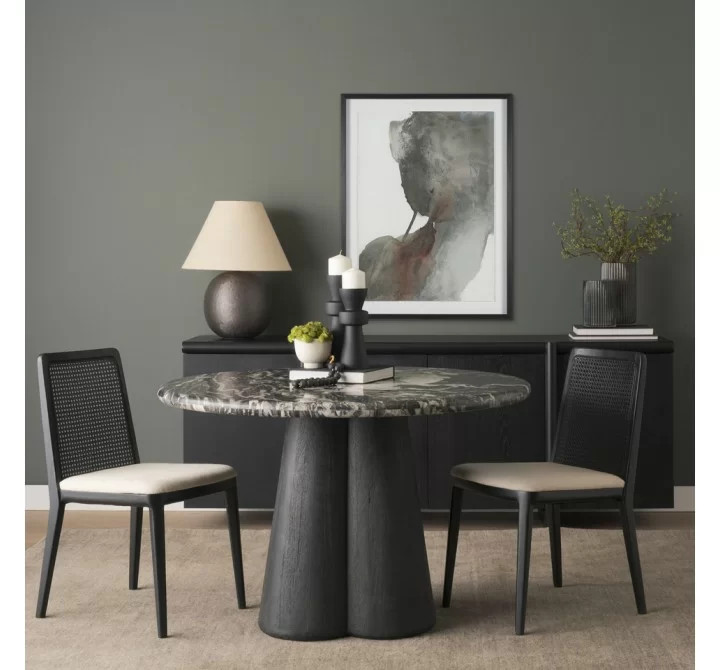 Mercana Marilyn 48" Black Forest Marble Black Wood Pedestal Round Dining Table