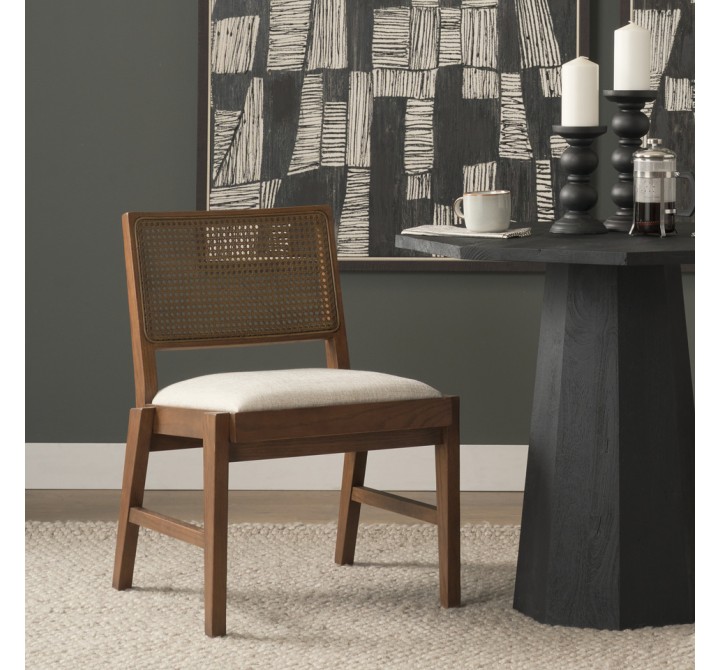 Mercana Reid Framed Brown Cane Cream Fabric Dining Chair