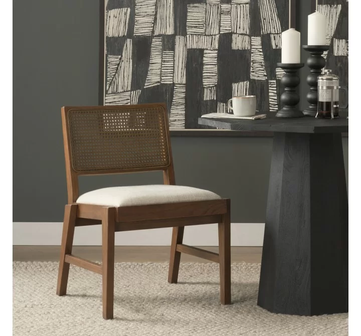 Mercana Reid Framed Brown Cane Cream Fabric Dining Chair
