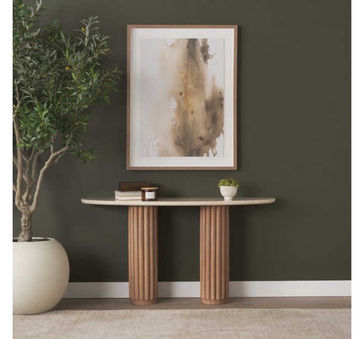 Mercana Marbrello Botticino Marble Top Light Brown Fluted Wood Half Moon Console Table