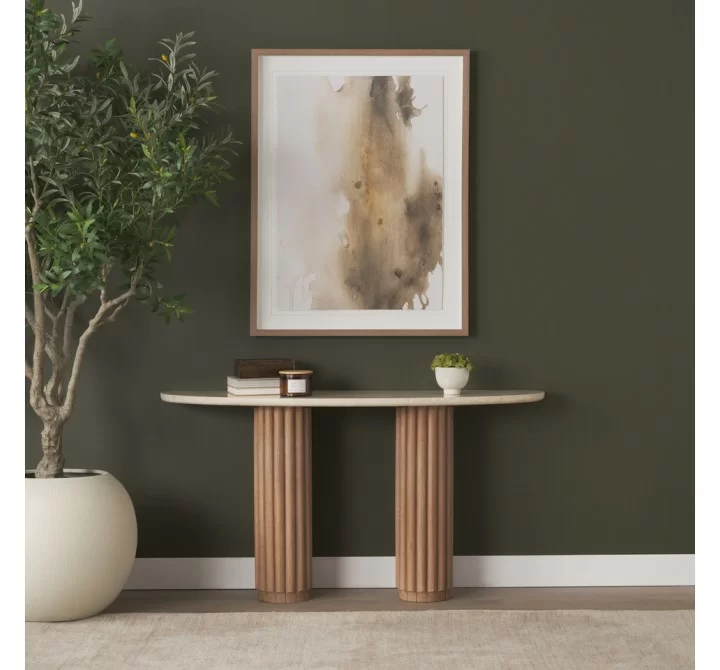 Mercana Marbrello Botticino Marble Top Light Brown Fluted Wood Half Moon Console Table