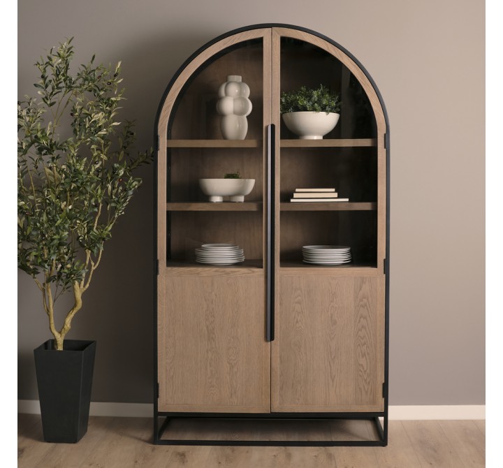 Mercana Sloan 47.5W x 80.5H Light Brown With Black Metal Frame Arched Cabinet