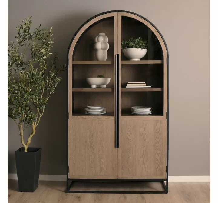 Mercana Sloan 47.5W x 80.5H Light Brown With Black Metal Frame Arched Cabinet