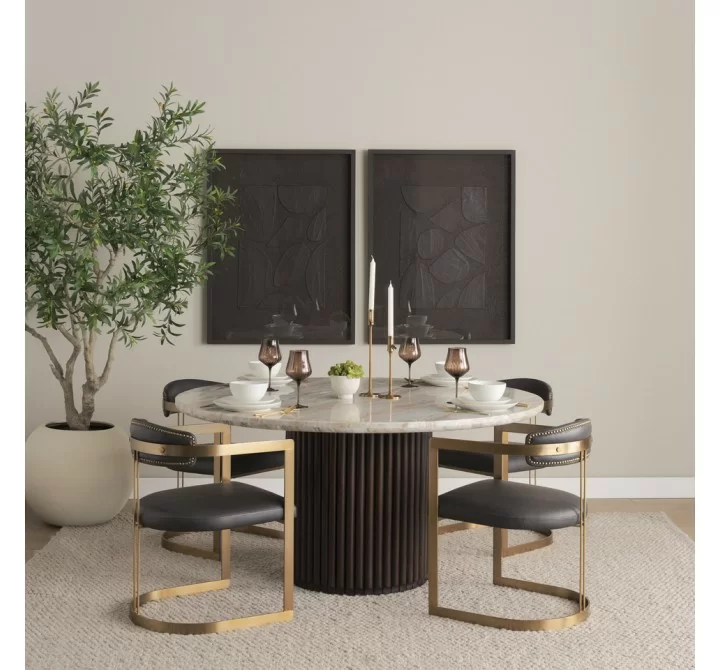 Mercana Hollyfield II Charcoal-Brown Leather Seat Gold Iron Frame Dining Chair