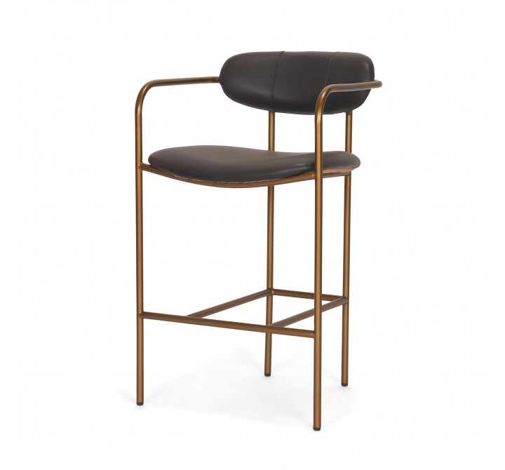 Mercana Parker Charcoal-Brown Leather Seat Gold Metal Counter Stool
