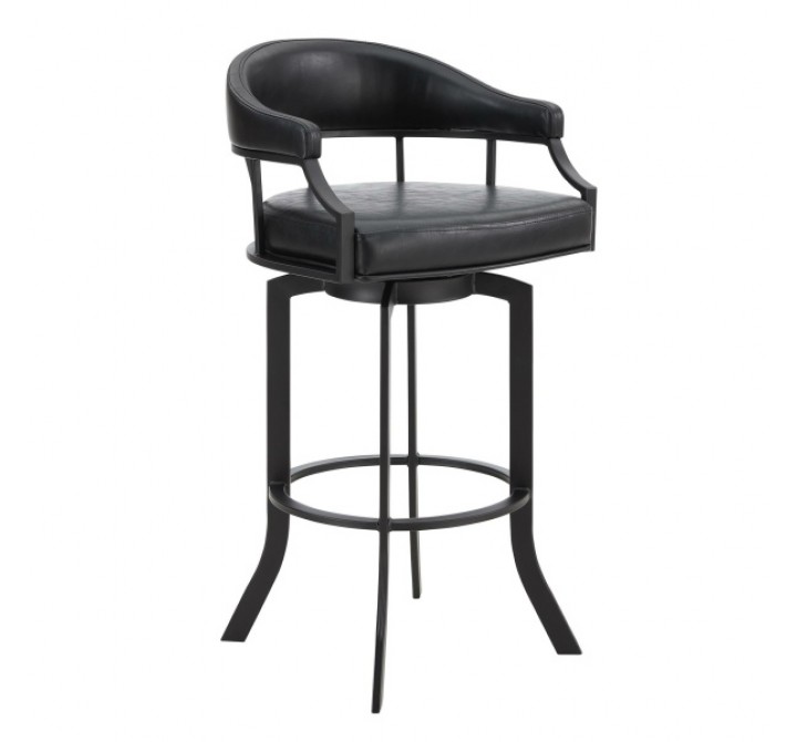 Armen Living Pharaoh Swivel Black Powder Coated And Black Faux Leather Metal Bar Stool