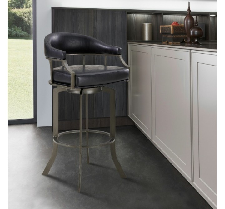 Pharaoh Swivel Mineral Finish and Black Faux Leather Bar Stool