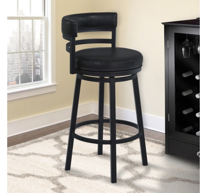 Armen Living Titana Metal Swivel Barstool in Ford Black Pu and Black Finish