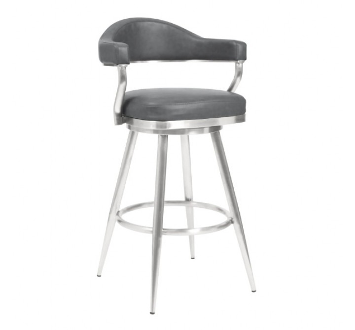 Armen Living Amador 30" Bar Height Barstool in Brushed Stainless Steel and Vintage Gray Faux Leather Front