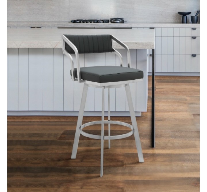 Armen Living Scranton Swivel Modern Brushed Stainless Steel and Slate Grey Faux Leather Barstool