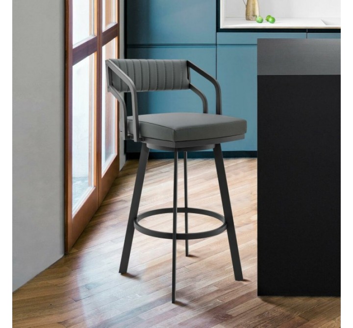 Armen Living Scranton Swivel Modern Black Metal and Slate Grey Faux Leather Barstool
