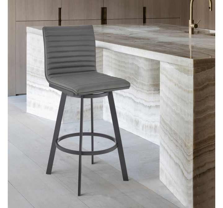 Armen Living Jermaine 30" Bar  Height Swivel Bar Stool in Matt Black Finish with Gray Faux Leather