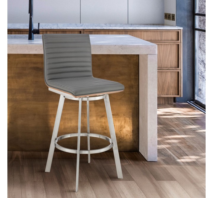Armen Living Jermaine Swivel Bar Stool in Brushed Stainless Steel Finish and Gray Faux Leather Walnut Wood