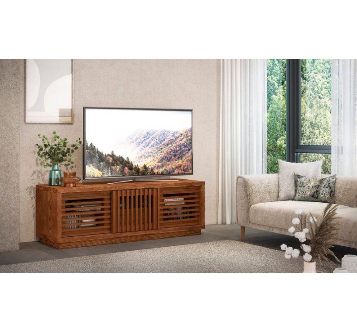 Furnitech Signature 64" Contemporary Rustic TV Stand Media Console in American White Oak with an Warm Honey Finish - Lifestyle