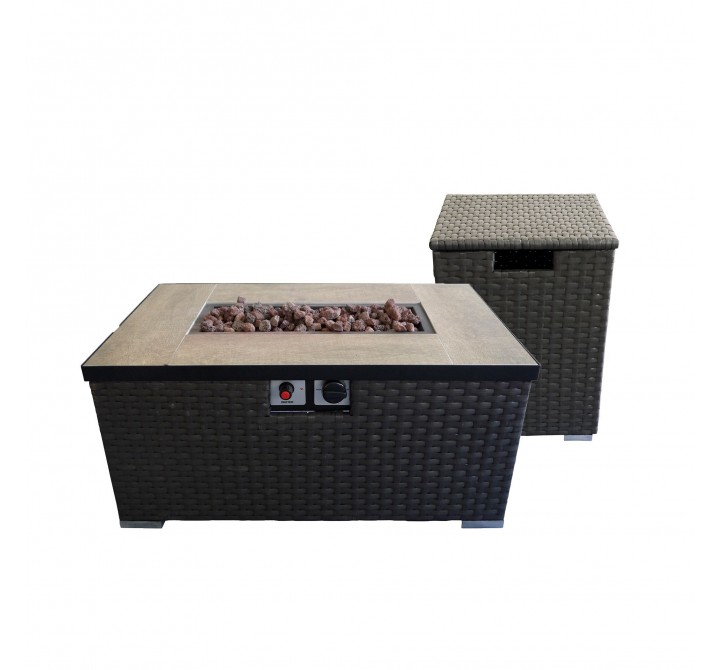 Crawford and Burke Auburn Dark Brown Woven Gas Fire Pit Table and Propane Tank Protector, Combined 