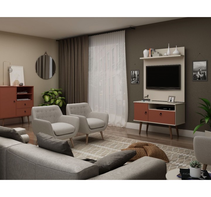 Manhattan Comfort Tribeca 35.43 Mid-Century Modern TV Stand and Panel with Media and Display Shelves in Off White and Terra Orange Pink