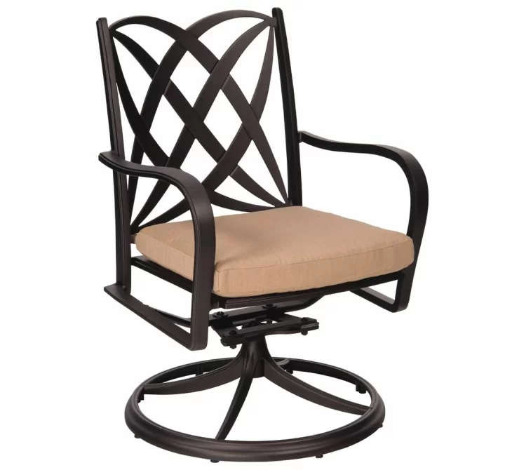 Woodard Apollo Swivel Rocker Dining Arm Chair with Cushion Option - Angled