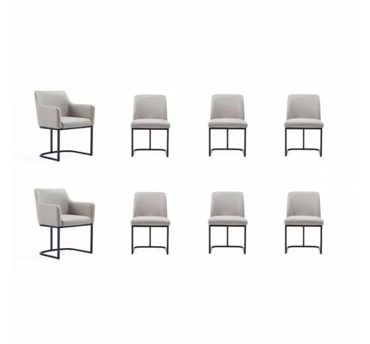 Manhattan Comfort Modern Serena 8 Piece Dining Set Upholstered in Leatherette with Steel Legs In Light Grey