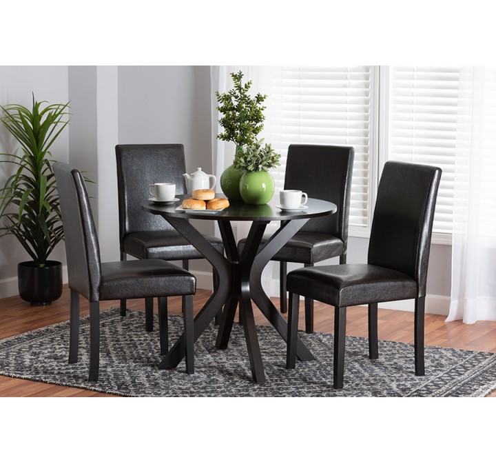 Baxton Studio Asli Modern Espresso Brown Faux Leather and Wood 5-Piece Dining Set - Lifestyle