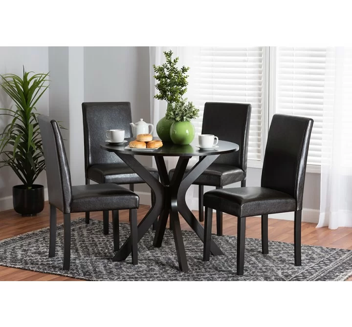 Baxton Studio Asli Modern Espresso Brown Faux Leather and Wood 5-Piece Dining Set - Lifestyle
