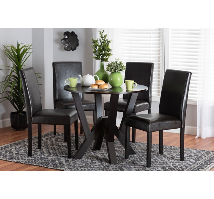 Baxton Studio Rosi Modern Espresso Brown Faux Leather and Wood 5-Piece Dining Set - Lifestyle