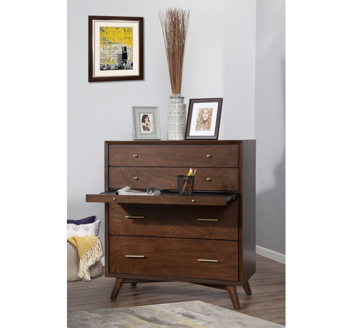 Alpine Furniture Flynn Mid Century Modern 4 Drawer Multifunction Chest w/ Pull Out Tray, Walnut - Lifestyle