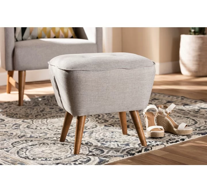 Baxton Studio Petronelle Mid-Century Modern Greyish Beige Fabric Upholstered Walnut Brown Finished Wood Ottoman - Lifestyle