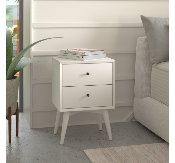 Alpine Furniture Flynn Mid Century Modern 2 Drawer Nightstand, White - Lifestyle