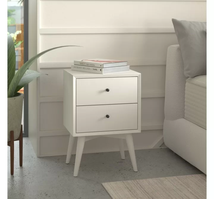 Alpine Furniture Flynn Mid Century Modern 2 Drawer Nightstand, White - Lifestyle