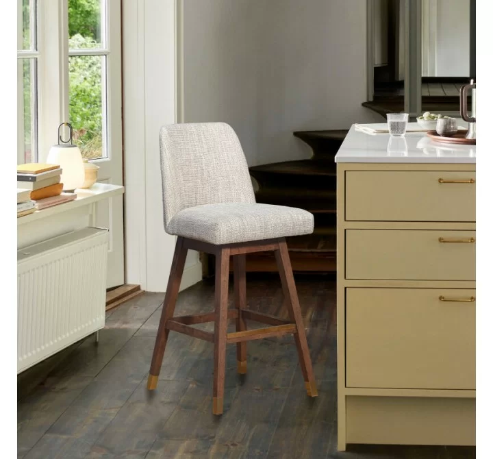 Armen Living Amalie Swivel Counter Stool in Gray & Brown Oak Wood Finish with Beige Boucle Fabric 