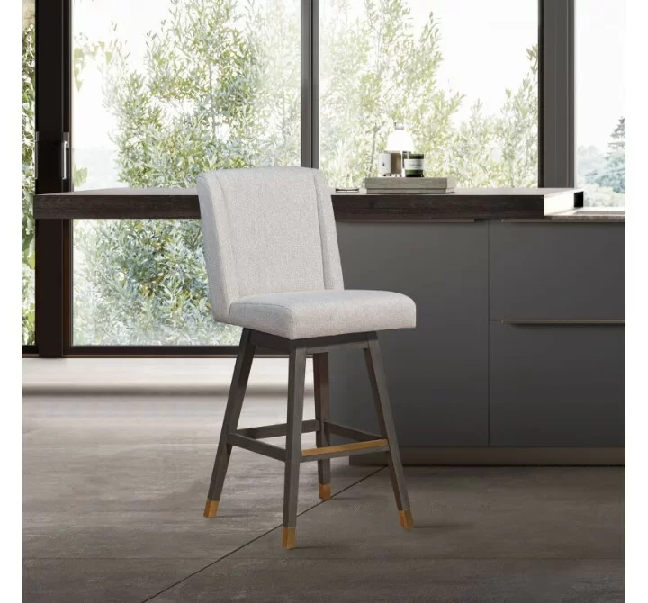 Armen Living Stancoste Swivel Counter Stool in Gray Oak Wood Finish with Taupe Fabric