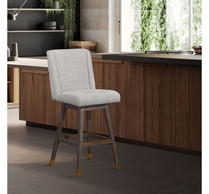Armen Living Stancoste Swivel in Grey Oak Wood Finish with Mocha Fabric