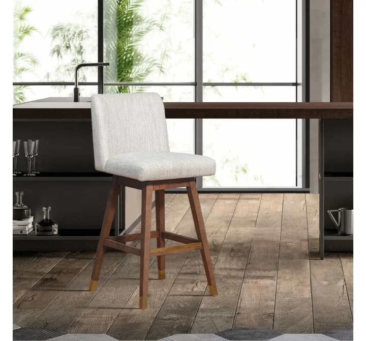Basila Swivel Counter Stool in Brown Oak Wood Finish with Beige Fabric