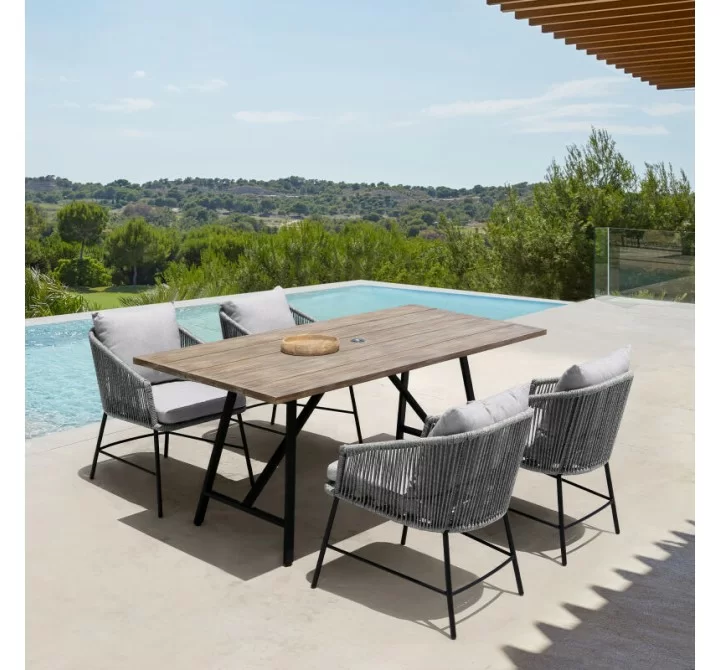 Armen Living Calica Outdoor Patio Dining Chair In Black Metal And Grey Rope