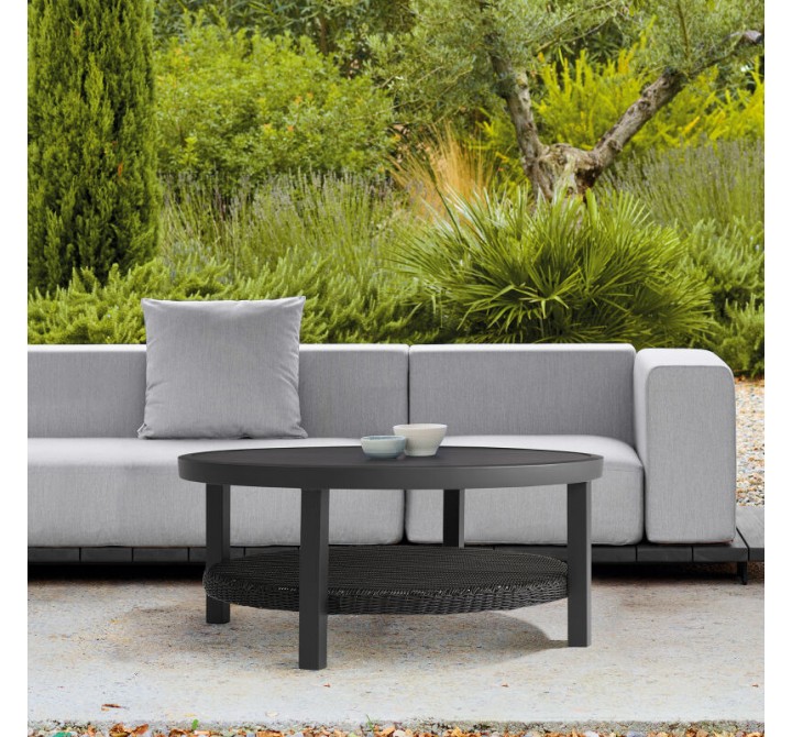 Armen Living Grand Black Aluminum Outdoor Round Conversation Table with Wicker Shelf