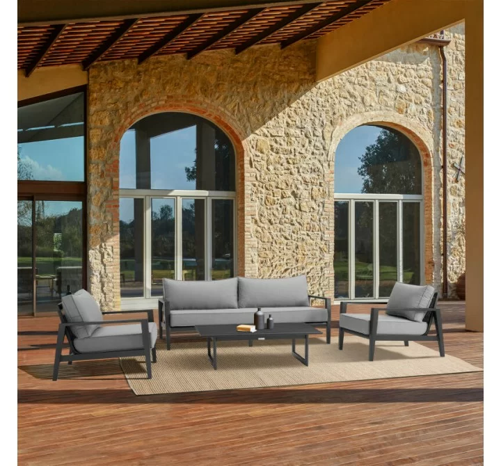 Armen Living Grand 4 Piece Black Aluminum Outdoor Seating Set with Dark Gray Cushions