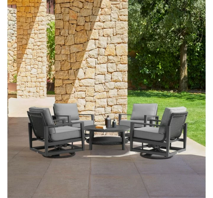 Armen Living Grand 5 Piece Black Aluminum Outdoor Seating Set with Dark Gray Cushions