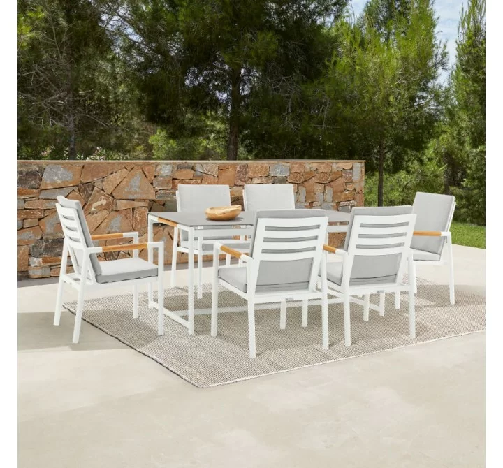 Royal White Aluminum and Teak Outdoor Dining Chair with Light Gray Fabric - Set of 2