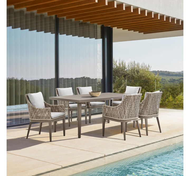Armen Living Silvana Outdoor Wicker and Aluminum Gray Dining Chair With Beige Cushions - Set of 2