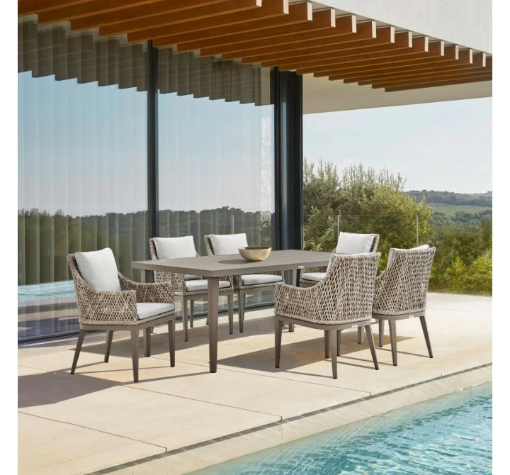 Armen Living Silvana Outdoor Wicker and Aluminum Gray Dining Chair With Beige Cushions - Set of 2