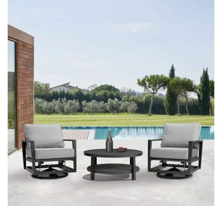 Armen Living Grand 3 Piece Black Aluminum Outdoor Seating Set with Dark Gray Cushions