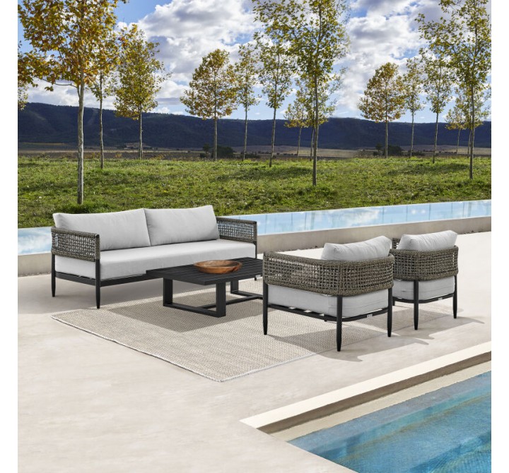 Armen Living Felicia 4 Piece Outdoor Black Aluminum & Rope Conversation Set with Light Gray Fabric Cushions