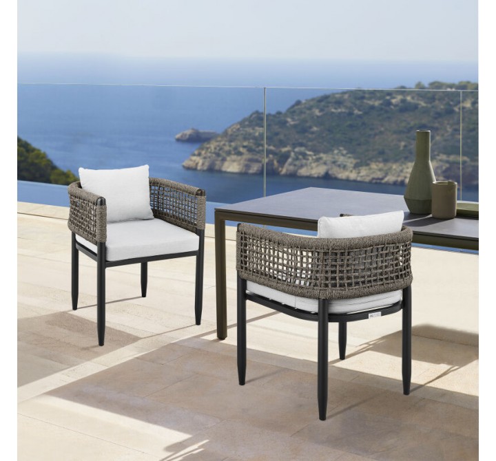 Armen Living Felicia Outdoor Patio Dining Chair In Aluminum With Grey Rope And Cushions