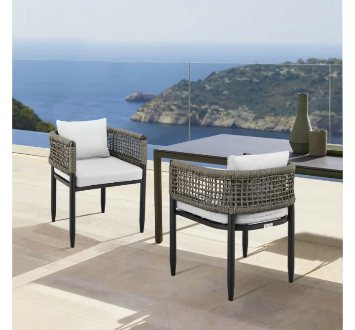 Armen Living Felicia Outdoor Patio Dining Chair In Aluminum With Grey Rope And Cushions