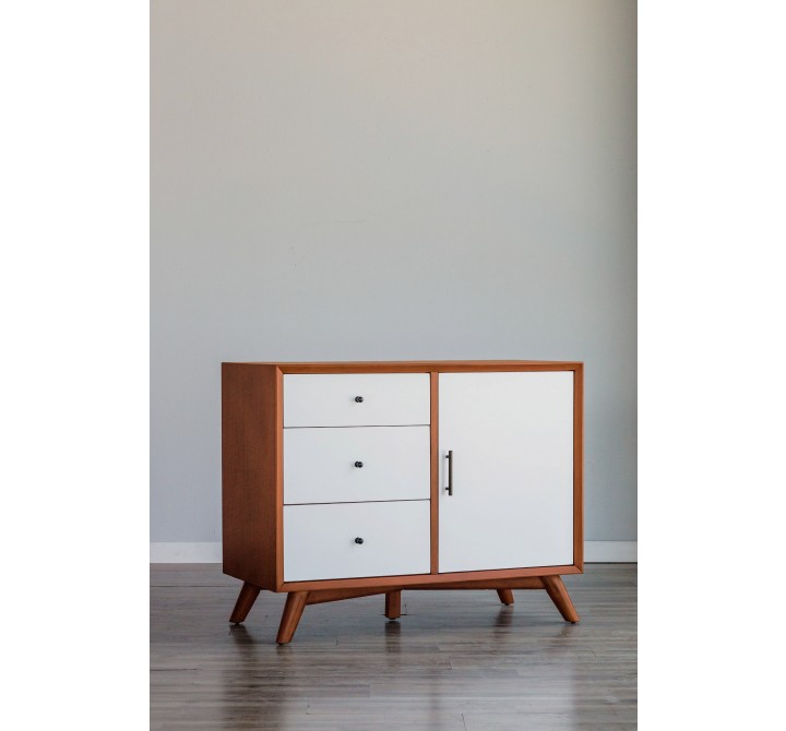 Alpine Furniture Flynn Accent Cabinet, Acorn/White - Front Side Angle