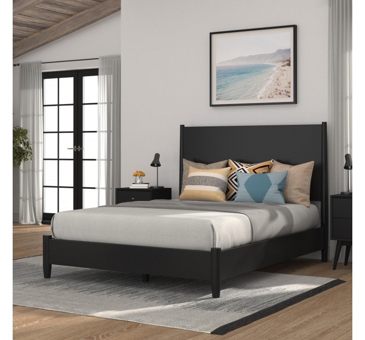 Alpine Furniture Flynn Mid Century Modern Full Size Panel Bed, Black - Lifestyle