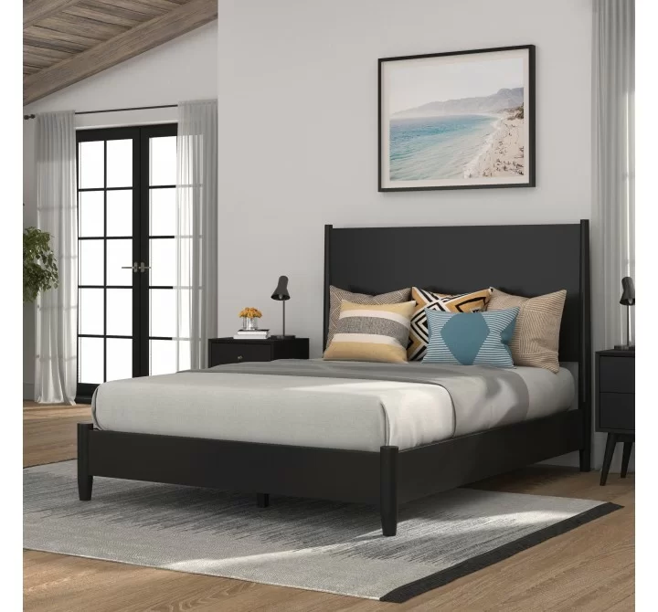 Alpine Furniture Flynn Mid Century Modern Full Size Panel Bed, Black - Lifestyle