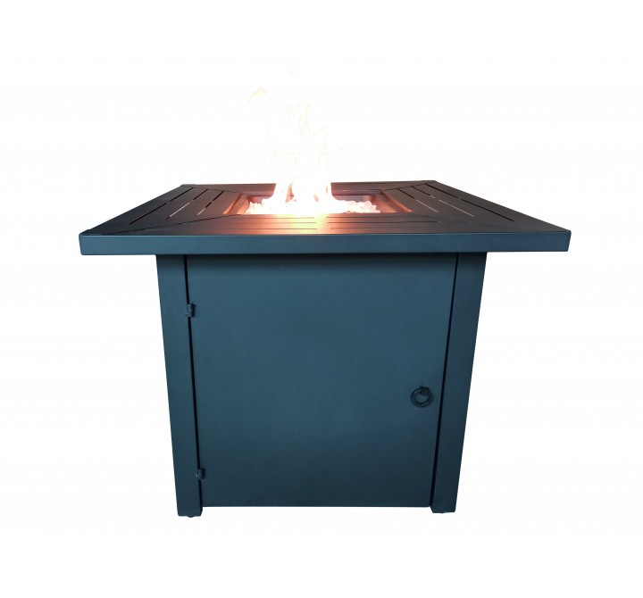 Crawford and Burke Kimball Black Metal Square Fire Pit Table with Glass Rocks,  Front Angle