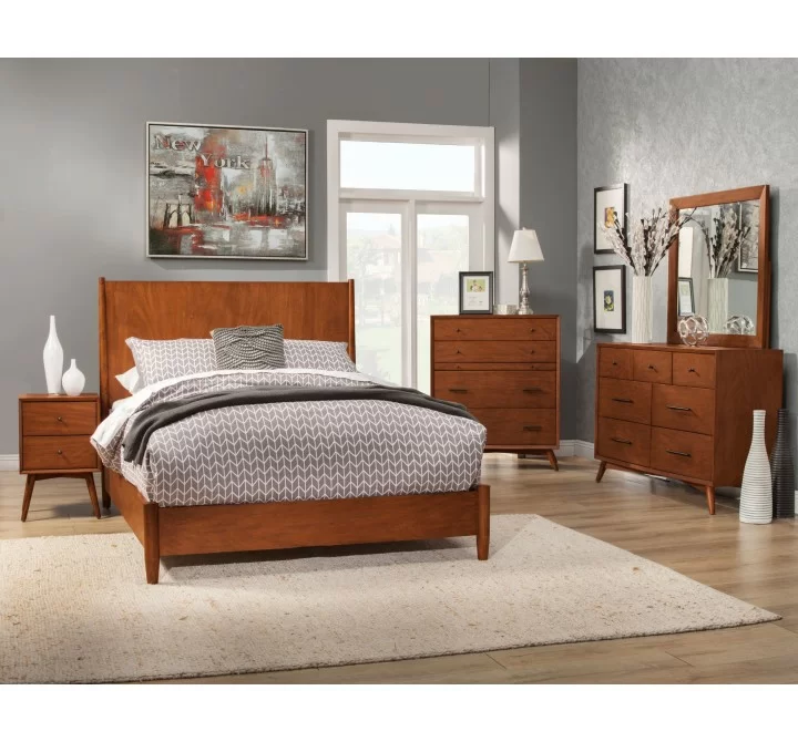 Alpine Furniture Flynn Mid Century Modern Standard King Panel Bed In Acorn - Lifestyle