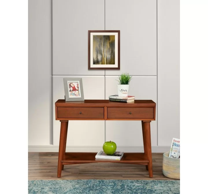 Alpine Furniture Flynn Console Table in Acorn - Lifestyle Front View
